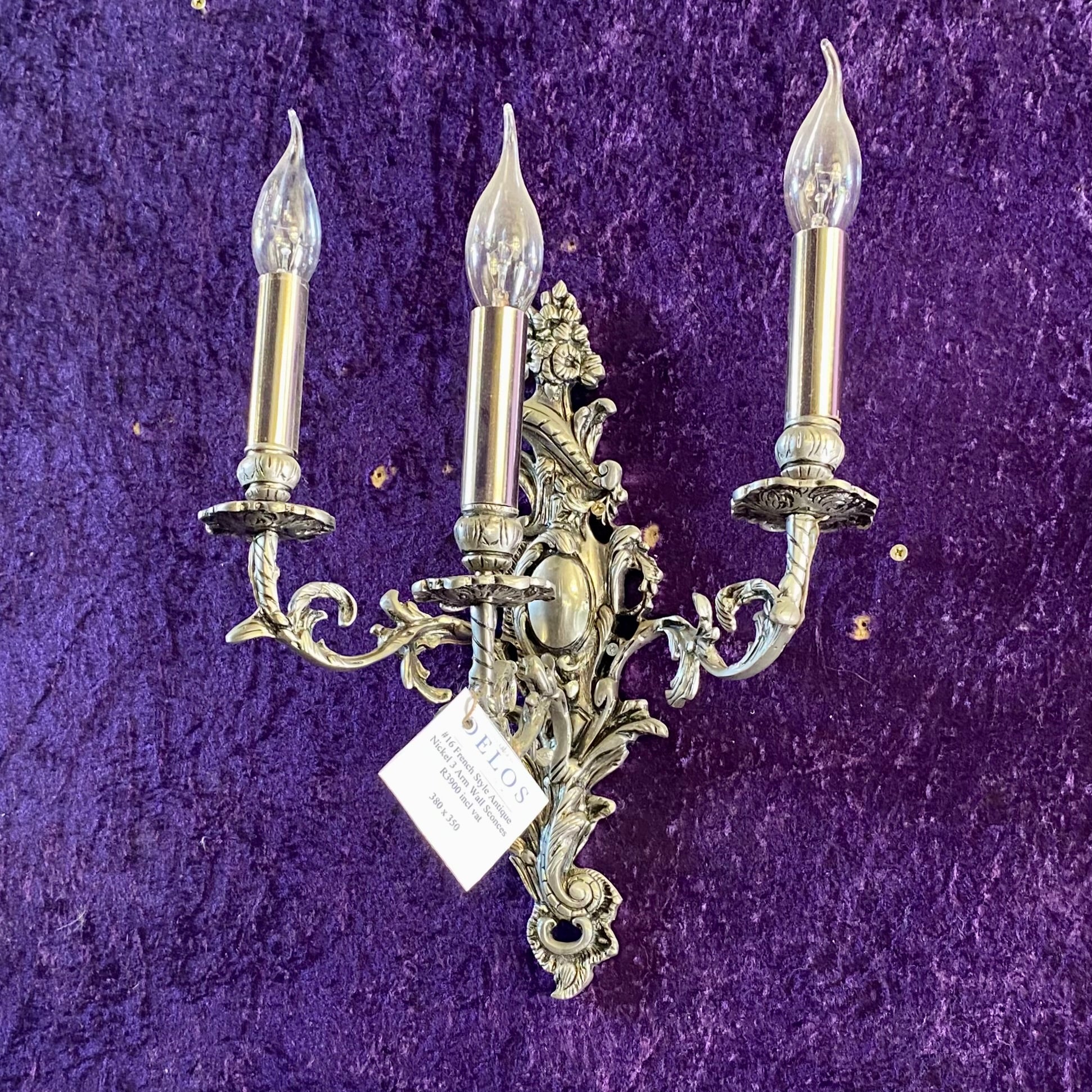 French Style Antique Nickel Plated Three Armed Wall Sconce