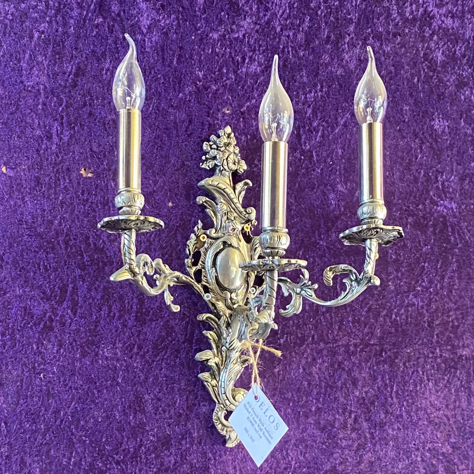 French Style Antique Nickel Plated Three Armed Wall Sconce