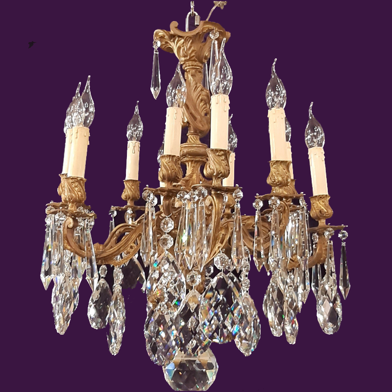 An Antique Gilt Bronze Chandelier with Large Teardrop Crystals