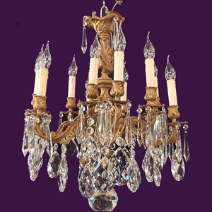 An Antique Gilt Bronze Chandelier with Large Teardrop Crystals