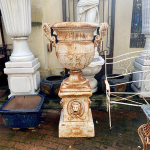 Cast Iron Urn on Plinth with Lion's Face