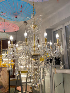 Beautiful Polished Brass & Glass Chandelier with Crystal Drops