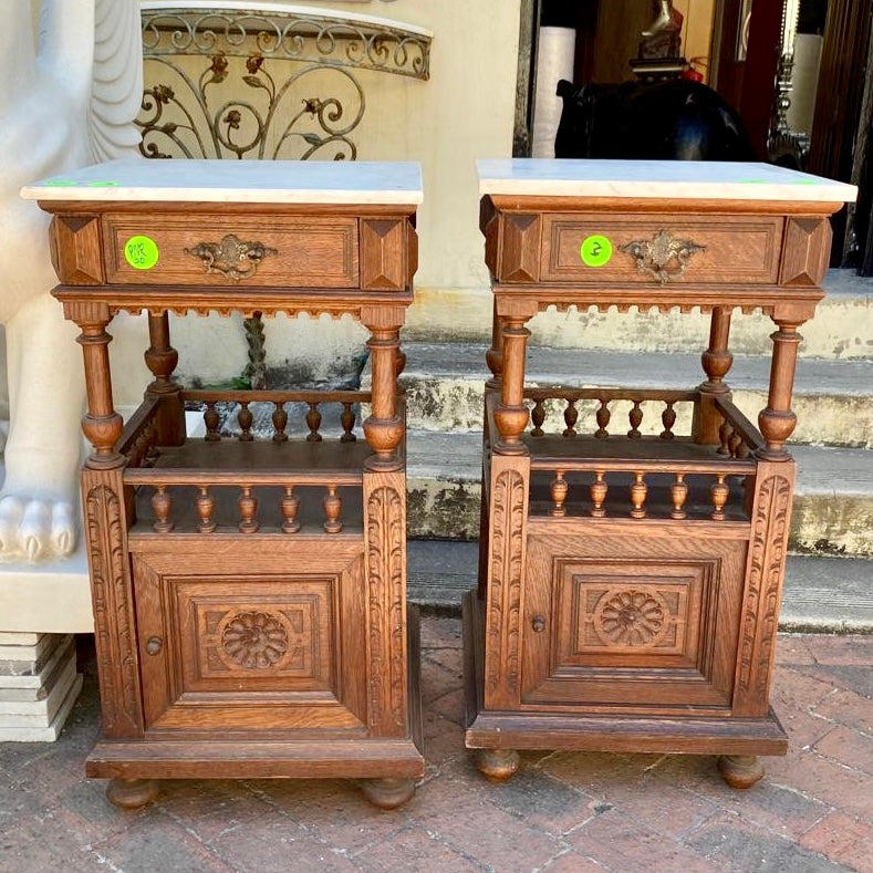 Pair of Dark French Oak Pedestals with Marble Top